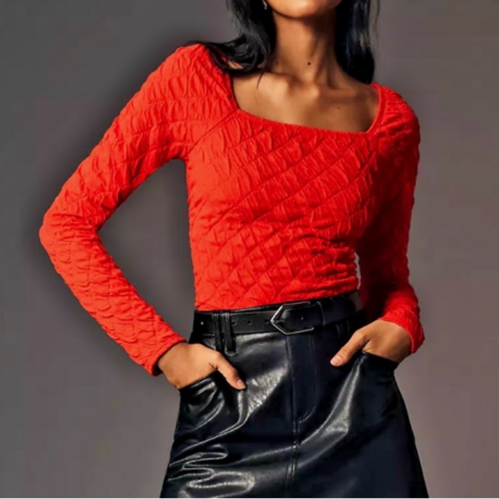 Anthropologie Maeve Square Neck Long Sleeve Cropped Top Popcorn Textured. XL NWT